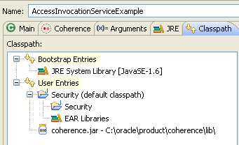 AccessInvocationServiceExampleプログラムの「Classpath」タブ