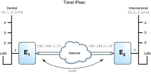 image:En el gráfico, se muestra una VPN que conecta dos LAN. Cada LAN tiene cuatro subredes.