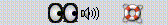 image:Porzione di un pannello con tre oggetti visualizzati nel seguente ordine, da sinistra a destra: icona geyes, icona del controllo del volume e icona della guida. 