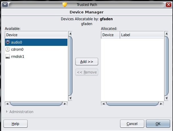 image:Device Manager(장치 할당 관리자) 대화 상자는 사용자 이름 및 해당 사용자가 사용할 수 있는 세 가지 장치를 표시합니다.