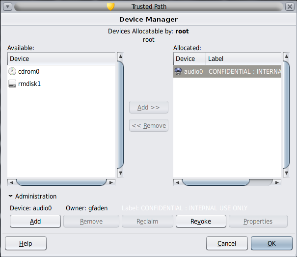 image:Device Manager(장치 할당 관리자)는 레이블 internal로 할당된 오디오 장치를 보여줍니다. Revoke(취소) 버튼을 사용할 수 있습니다.