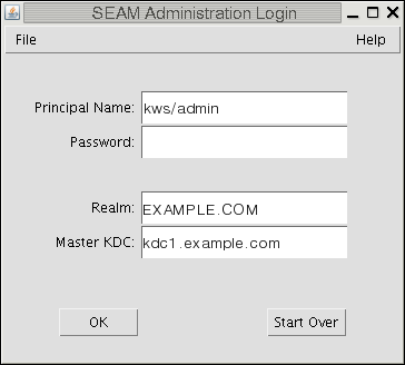 image:标题为 "SEAM Administration Login"（SEAM 管理登录）的对话框显示了 "Principal Name"（主体名称）、"Password"（口令）、"Realm"（领域）和 "Master KDC"（主 KDC）四个字段。显示 "OK"（确定）和 "Start Over"（重新开始）按钮。