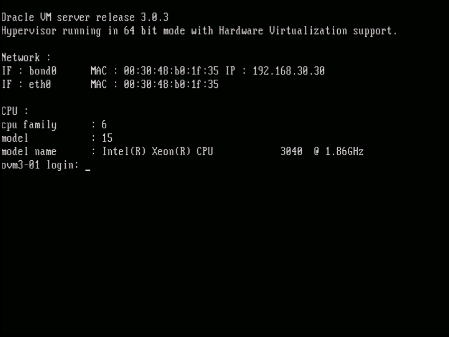 This figure shows the Oracle VM Server console screen displaying post installation information.