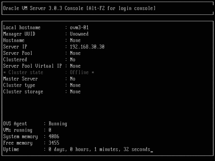 This figure shows the Oracle VM Server Status Console screen.