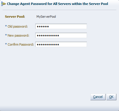 This figure shows the Change Agent Password for All Servers within the Server Pool dialog box.