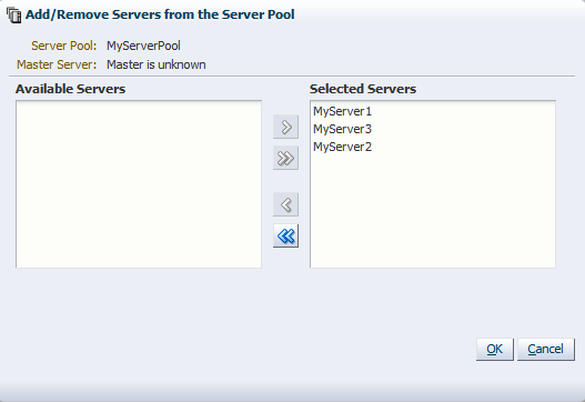 This figure shows the Add/Remove Servers from the Server Pool dialog box.