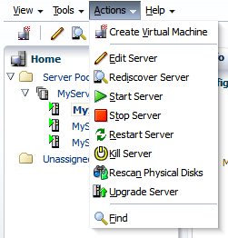 Action Menu options when an Oracle VM Server is selected