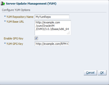 This figure shows the Server Update Management (YUM) dialog box.