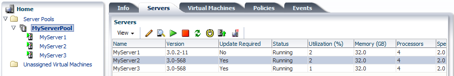 This figure shows the Home view with the Update Required field selected in the Servers tab.
