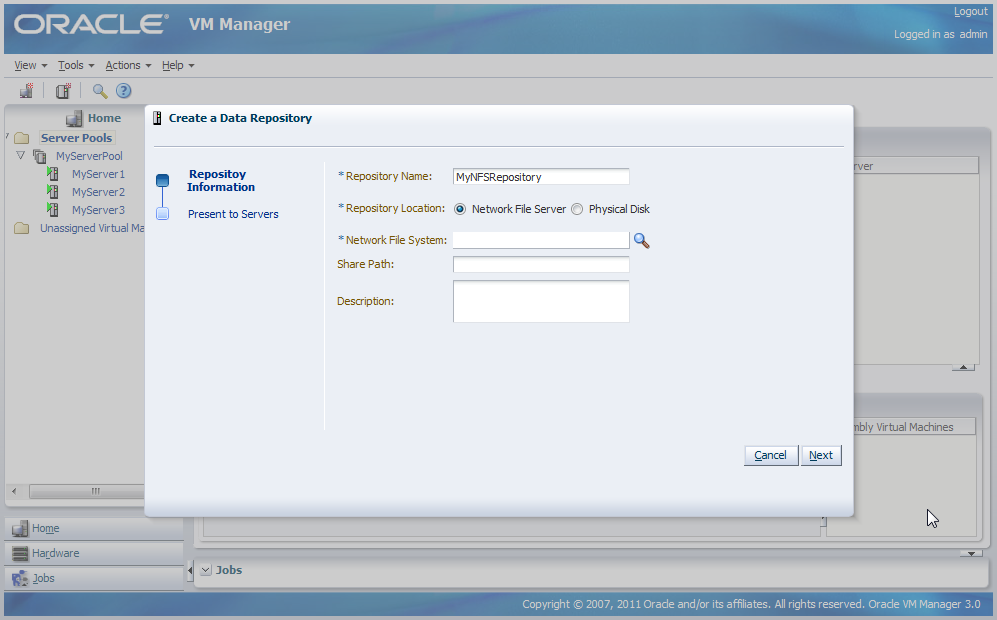 This figure shows the Create a Data Repository dialog box.