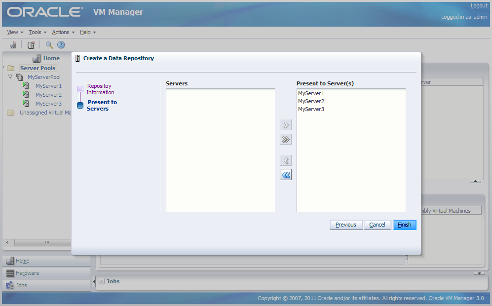 This figure shows the Create Repository, Present to Servers dialog box.