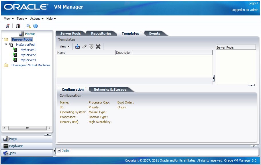 This figure shows the Home view with the Server Pools folder selected and the Templates tab displayed.
