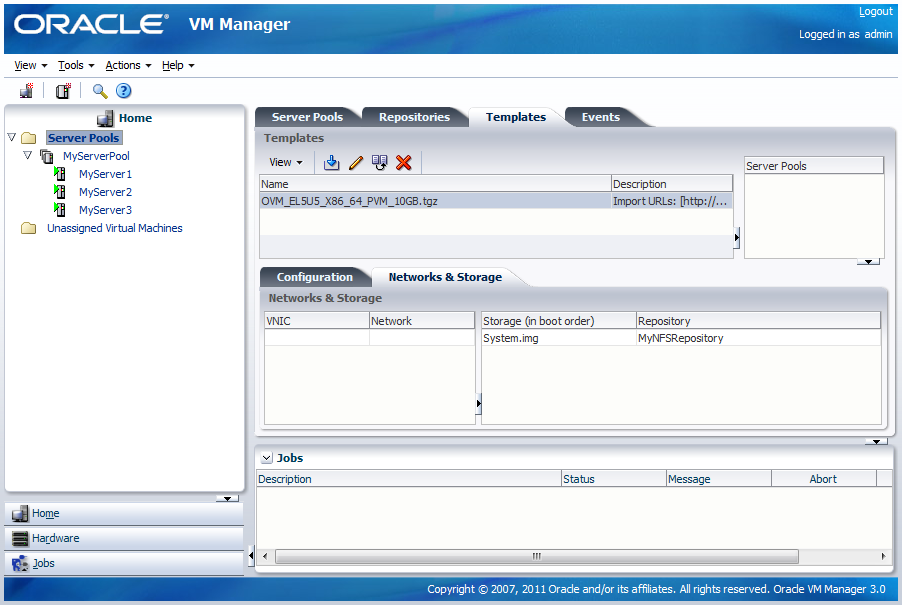 This figure shows the Home view with the Server Pools folder selected and the Templates tab displayed.