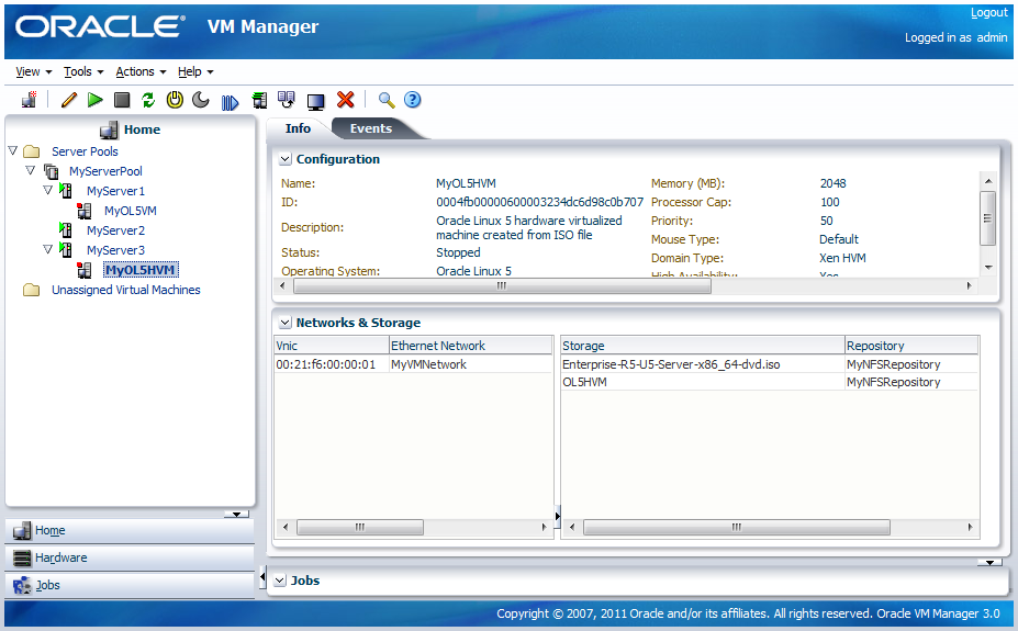 This figure shows the Home view with the Server Pools folder and the Info tab displayed.