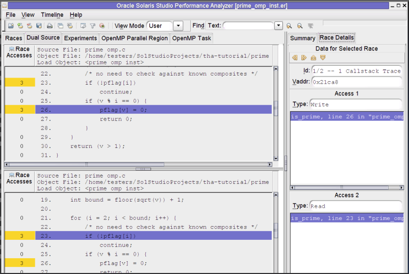 image:prime_omp.c でのデータの競合について「デュアルソース」タブを示した、「スレッドアナライザ」ウィンドウのスクリーンショット。