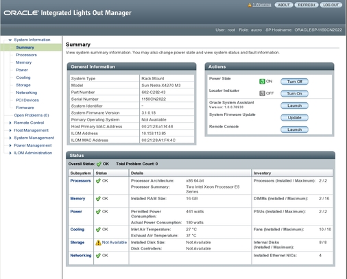 image:A figure showing the Oracle ILOM summary page.