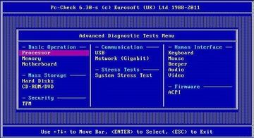 image:Screen shot of Pc-Check advanced diagnostic tests menu.