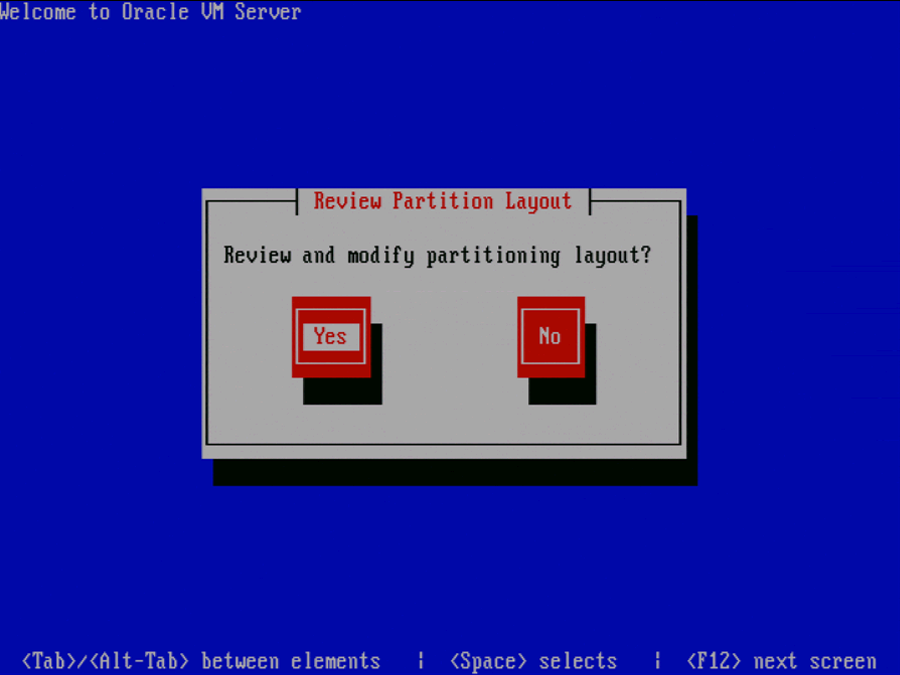 This figure shows the Oracle VM Server Review Partition Layout screen.