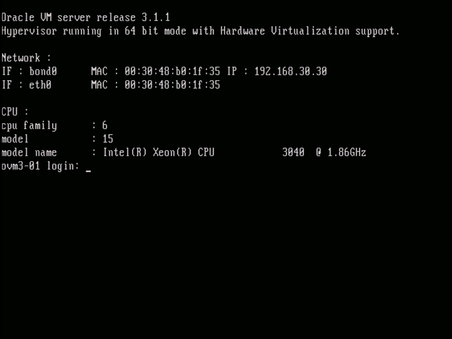 This figure shows the Oracle VM Server console displaying post installation information.