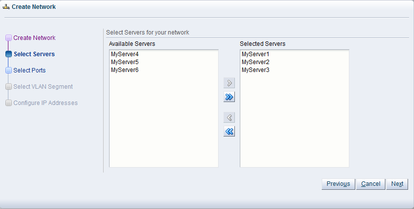 This figure shows the Select Servers step in the Create Network dialog box.