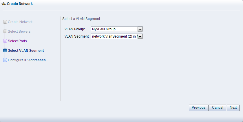 This figure shows the Select VLAN Segments step in the Create Network dialog box.