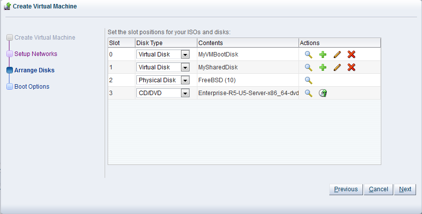 This figure shows the Arrange Disks step in the Create Virtual Machine wizard.