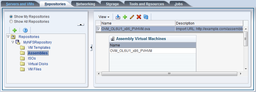 This figure shows the imported virtual machine assembly in the Assemblies folder in the Repositories tab.