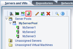 This figure shows the Create Virtual Machine icon in the Servers and VMs tab.