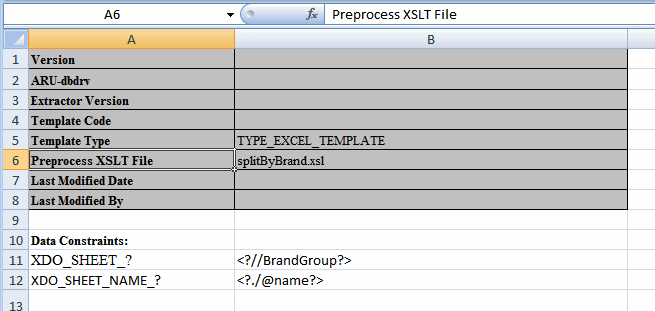 XDO_METADATA sheet for the split by brand example