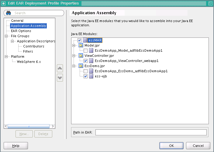 Setting application assembly options for the EAR file.
