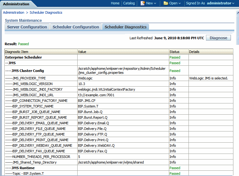 Oracle BI Publisher scheduler diagnostics page