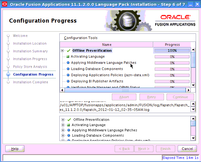 Language Pack Configuration Progress screen