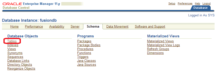 Tables on the Schema tab