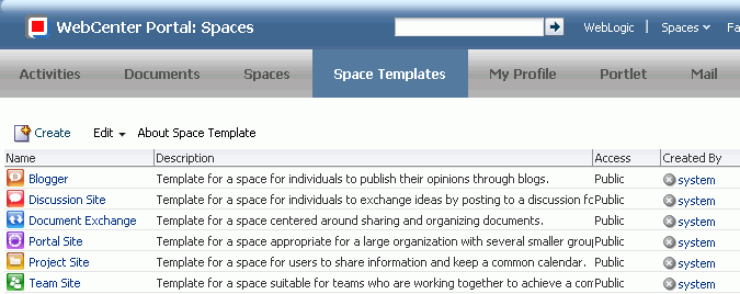 Space Template Page in Home Space