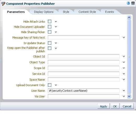 Publisher parameters in Component Properties