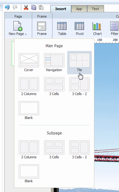 Inserting a new page by selecting the Tile template