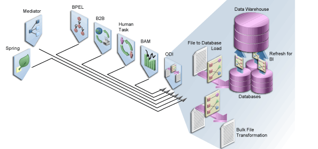 Illustration showing Oracle Data Integrator. It is described in the text for the page.