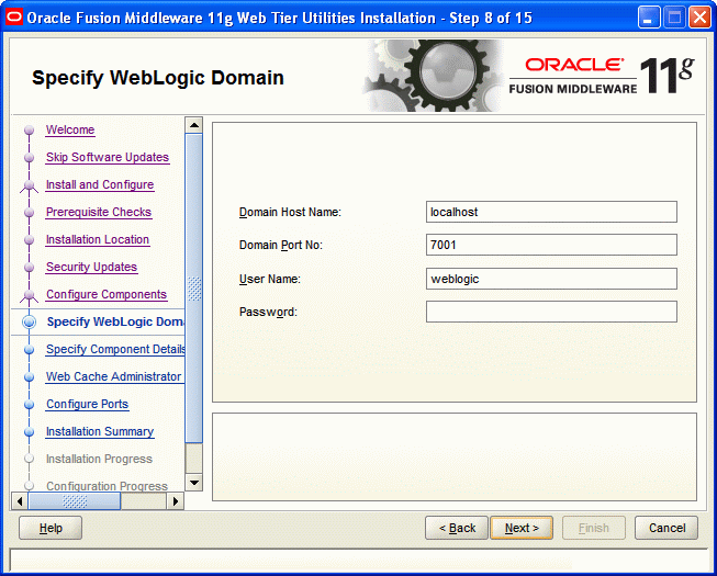 Specify WebLogic Domain screen