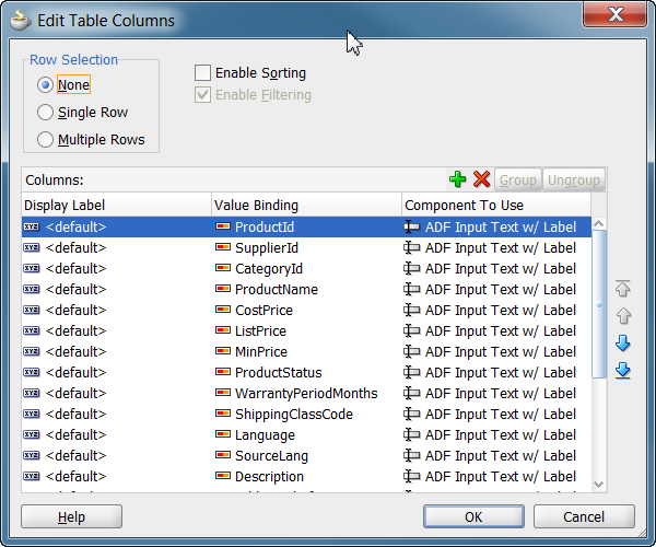 Edit table columns dialog for filtered table.