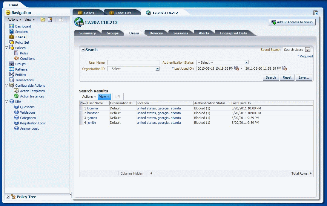User accounts from a high risk IP address are shown.