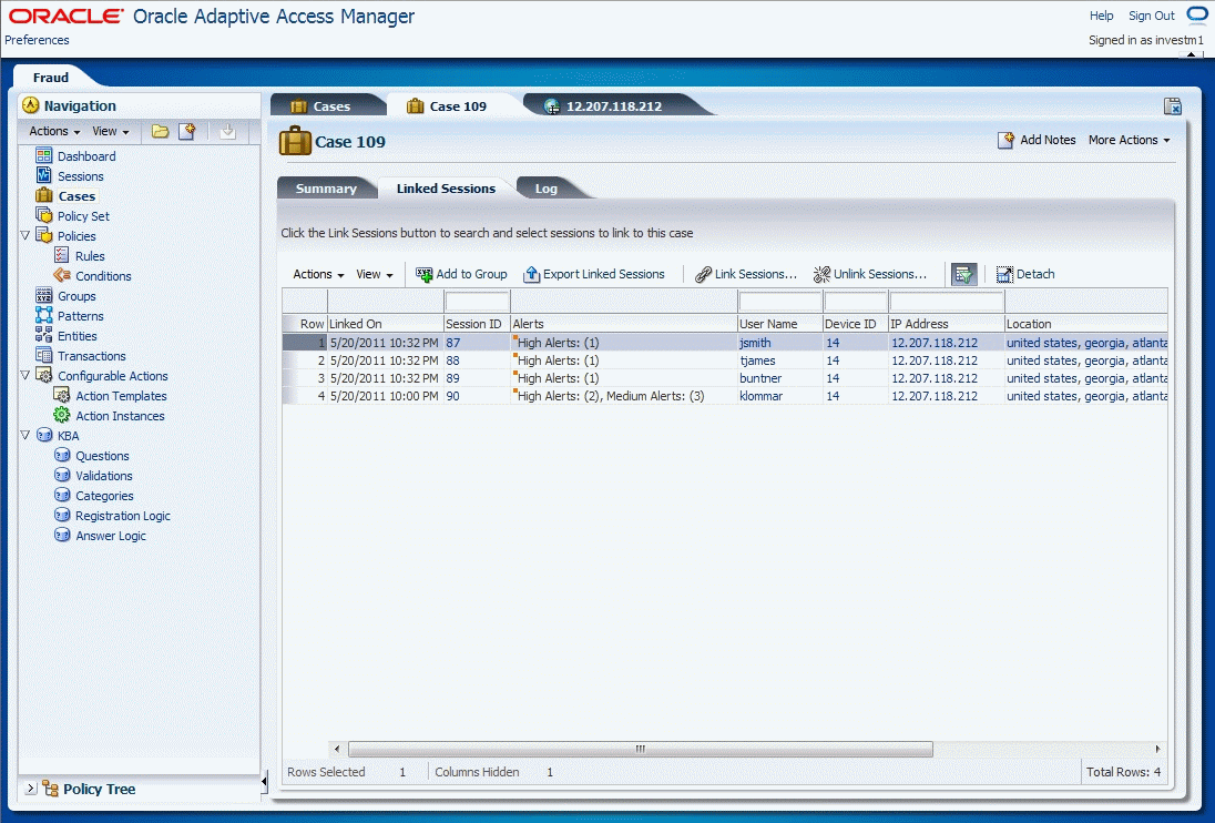 Linked sessions are shown in the Agent case.