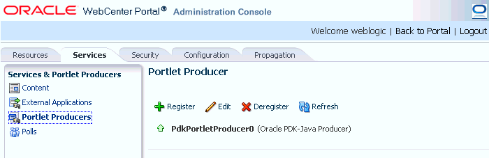 WebCenter Portal管理コンソール: 「サービス」タブ