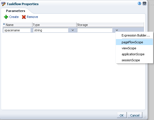 Taskflow Properties dialog with Name, Type, Storage columns