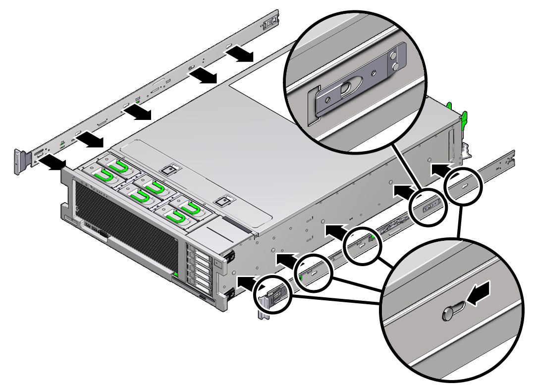 image:Graphic of mounting bracket aligned with server chassis locating pins.