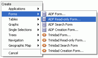 Menu showing the Forms - ADF Read-only Form selection