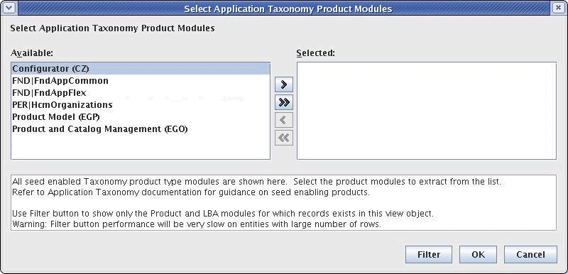 Select Application Taxonomy Partitions dialog