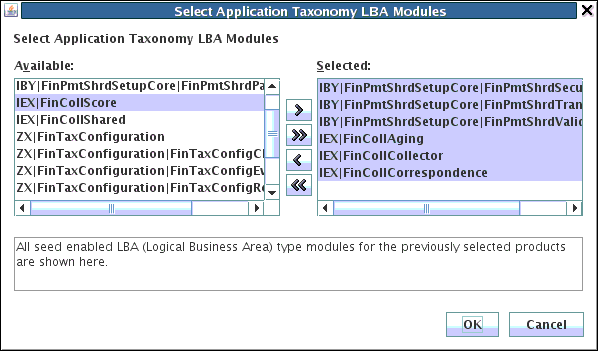 Select LBA Taxonomy Partitions dialog