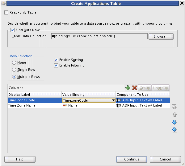 Create Applications Table dialog.