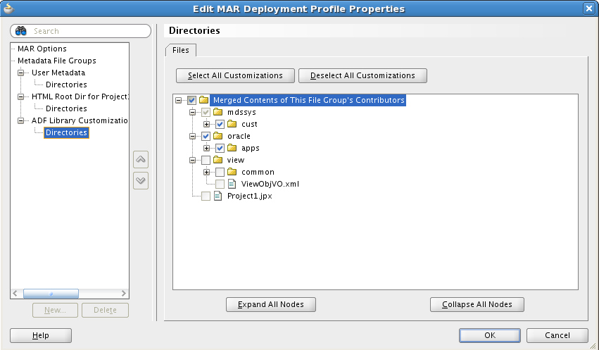 MAR deployment profile showing selected directories
