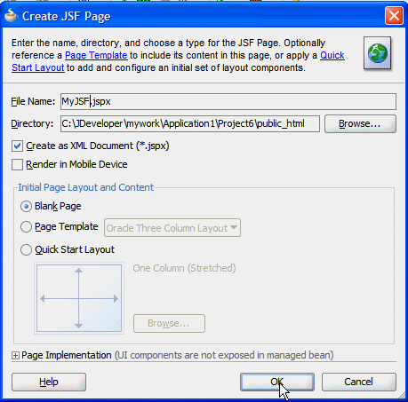 Create JSF page dialog